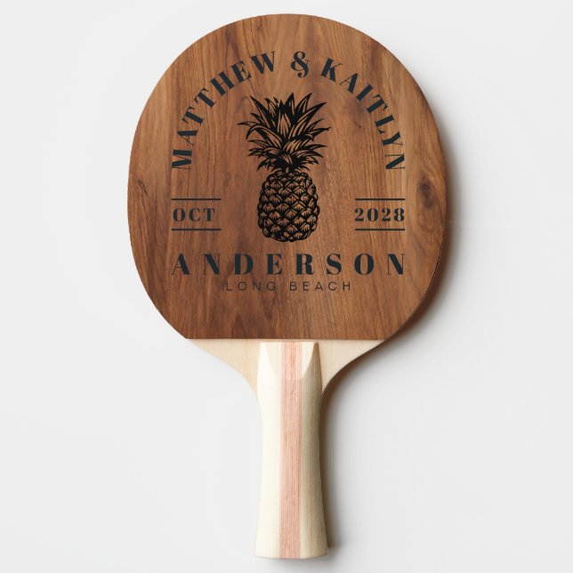 Maple Wood Tropical Pineapple Wedding Crest BK Ping Pong Paddle (Back)