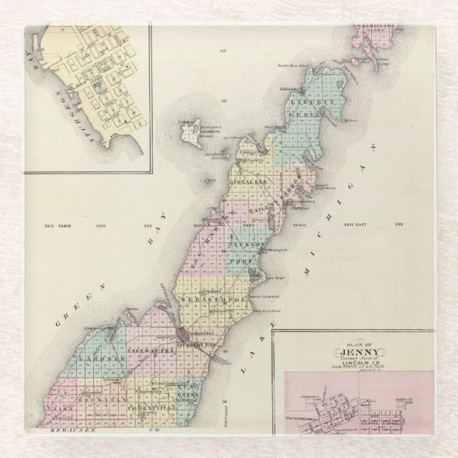 Maps of Door County, Sturgeon Bay and Jenny Glass Coaster (Front)