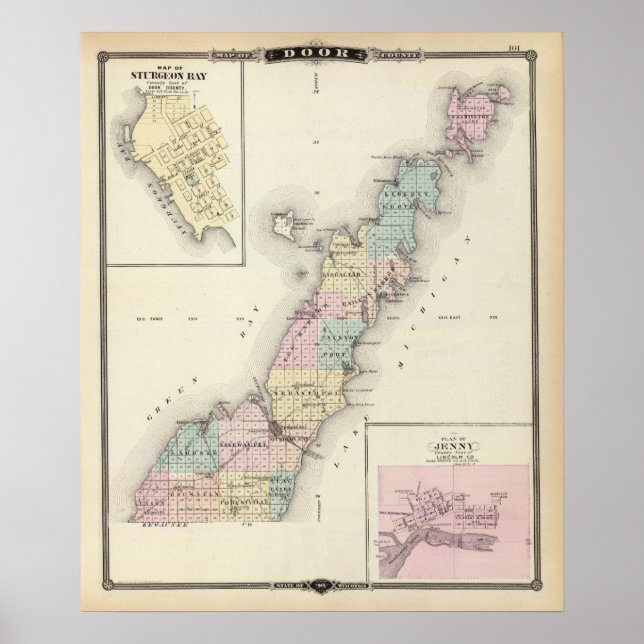 Maps of Door County, Sturgeon Bay and Jenny Poster (Front)