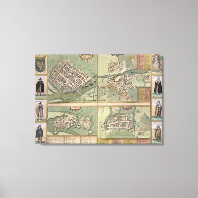 Maps of Galway, Dublin, Limerick, and Cork, from ' Canvas Print (Front)