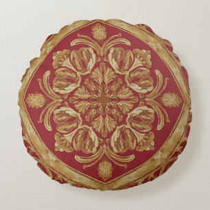 Mara Trumpet Glory Golden Red Ornate Luxury Throw  Round Pillow