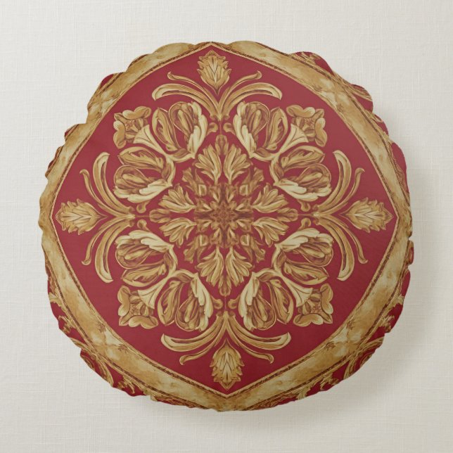 Mara Trumpet Glory Golden Red Ornate Luxury Throw  Round Pillow (Front)
