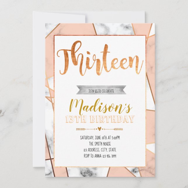 Marble 13th birthday  invitation (Front)
