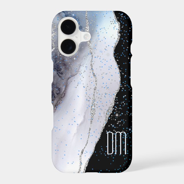 Marble Abstract Silver Blue Glitter Monogram (Back)
