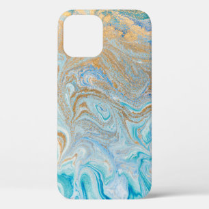 Marble acrylic background, blue with golden glitte iPhone 12 case