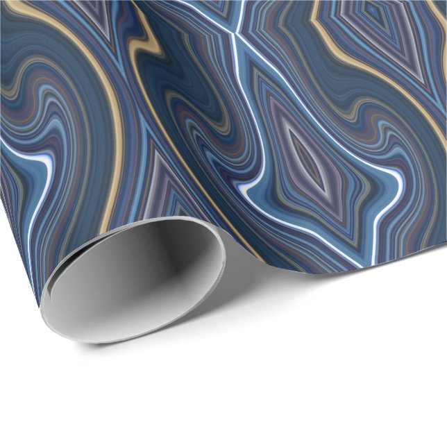 Marble Agate Blue Gold Swirling Chic Pattern Wrapping Paper (Roll Corner)