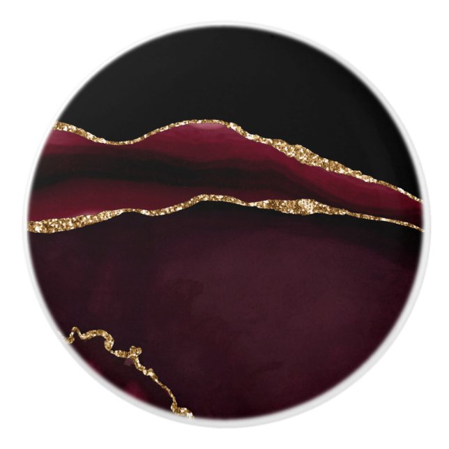 Marble Agate Chic Black Purple Gold Glitter Ceramic Knob (Front)