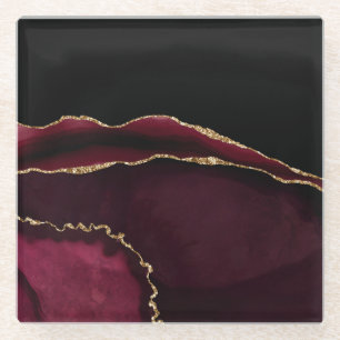 Marble Agate Chic Black Purple Gold Glitter Glass Coaster