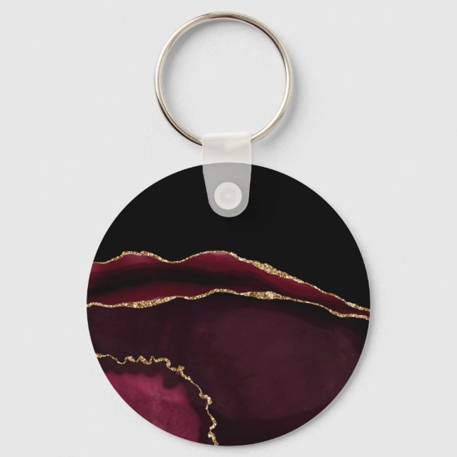 Marble Agate Chic Black Purple Gold Glitter Keychain (Front)
