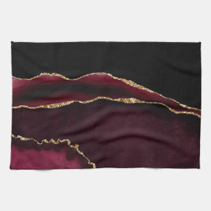 Marble Agate Chic Black Purple Gold Glitter Kitchen Towel