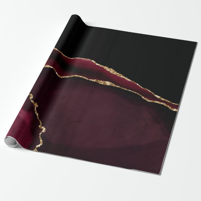 Marble Agate Chic Black Purple Gold Glitter Wrapping Paper (Unrolled)