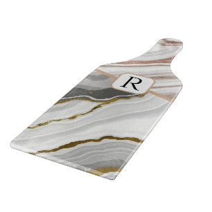Marble Agate Gold Glitter Monogram Initial Name Cutting Board