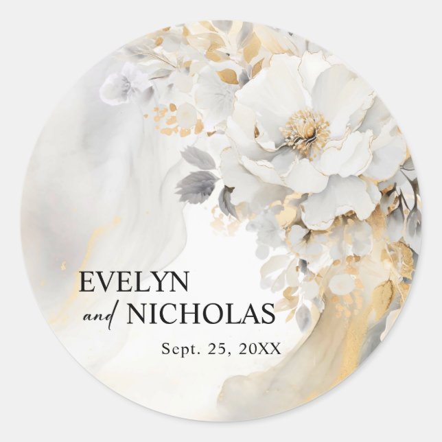 Marble Agate Gold Grey Floral Peony Flower Wedding Classic Round Sticker (Front)