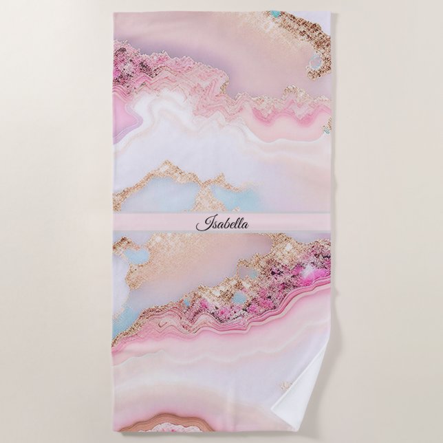 Marble Agate Popular Blue Pink Gold Collection Beach Towel (Front)