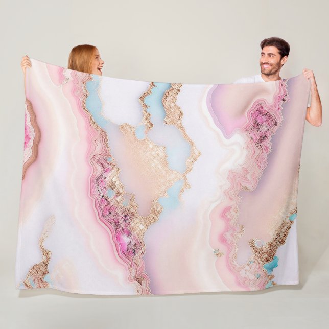 Marble Agate Popular Blue Pink Gold Collection Fleece Blanket (In Situ)