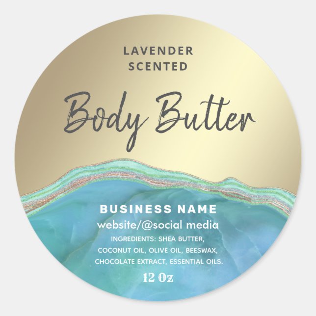 Marble agate turquoise script body butter label (Front)