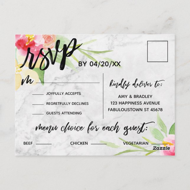 Marble and Boho Flowers Menu Choice RSVP Postcard (Back)