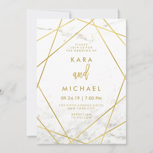 Marble and Faux Gold Geometric Wedding Invite (Front)