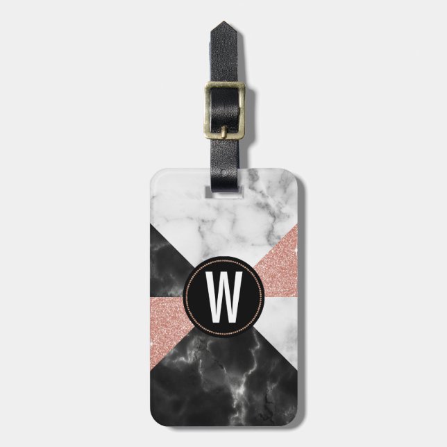 Marble and Glitter Look Monogrammed Luggage Tag (Front Vertical)