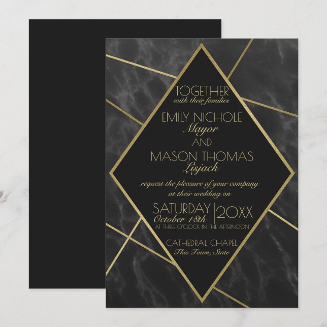 Marble and Gold Art Deco Geometric Slate Wedding Invitation (Front/Back)