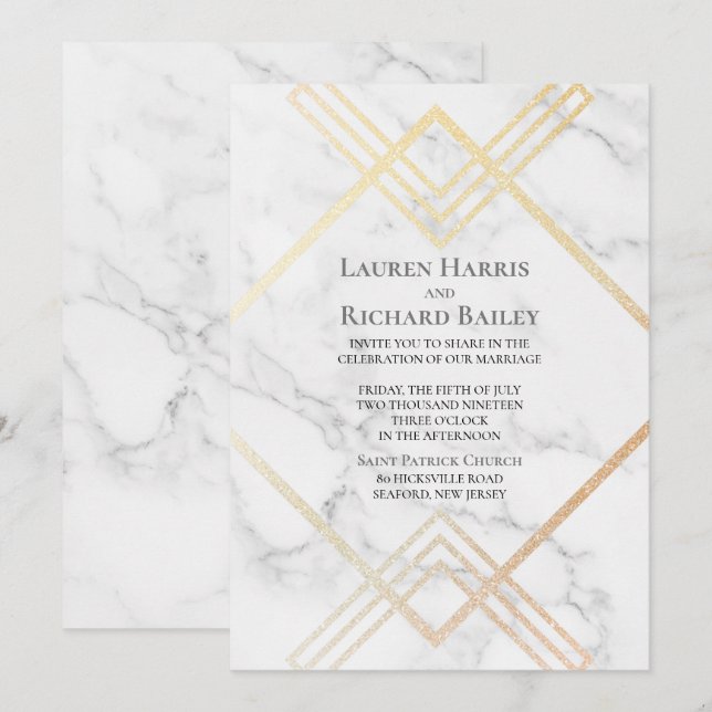 Marble and Gold  Geometric shape Faux Foil Wedding Invitation (Front/Back)