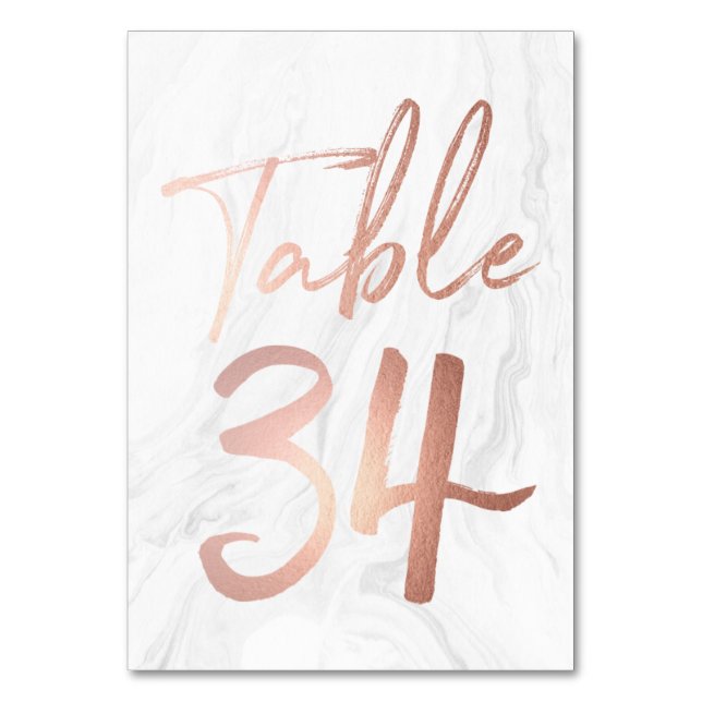 Marble and Rose Gold Script | Table Number Card 34 (Front)