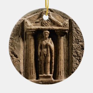 Marble and sandstone votive stele with female figu ceramic ornament