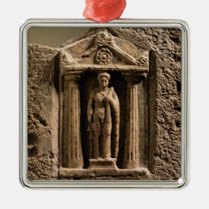Marble and sandstone votive stele with female figu metal ornament