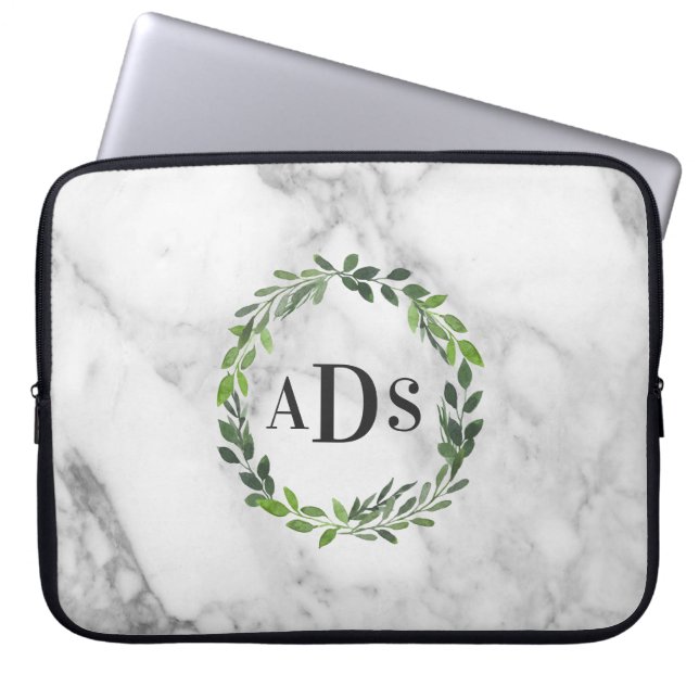 Marble and watercolor foliage monogram laptop sleeve (Front)