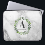 Marble and watercolor foliage personalized laptop sleeve<br><div class="desc">Marble and watercolor foliage personalized design. With space for your name and initial. Part of a collection.</div>