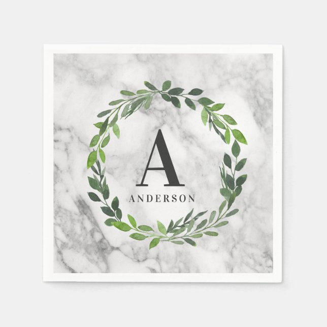 Marble and watercolor wreath initial napkin (Front)