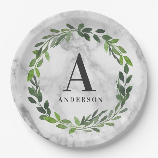 Marble and watercolor wreath initial paper plate (Front)