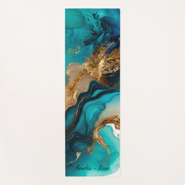 Marble Aqua Teal Gold Yoga Mat (Front)