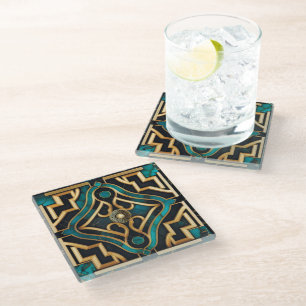 Marble Art Deco Greek Green Gold Mandala Luxury Glass Coaster