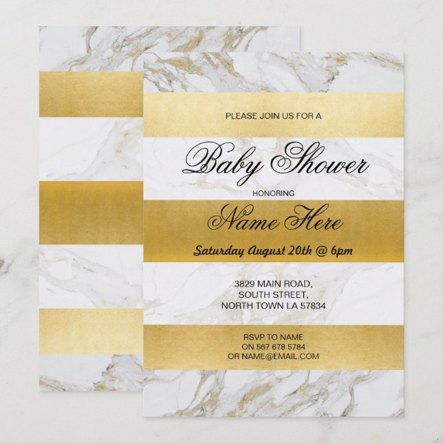 Marble Baby Shower Invite Stripe White Gold Party (Front/Back)