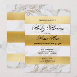 Marble Baby Shower Invite Stripe White Gold Party