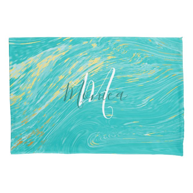 Marble Beautiful Gold Blue Elegant Mongram Pillowcase (Front)