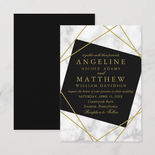 Marble Black and Faux Gold Geometric Wedding Invitation (Front/Back)