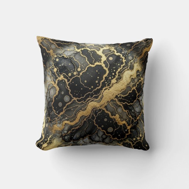 Marble Black and White + Gold Luxury  Throw Pillow (Front)