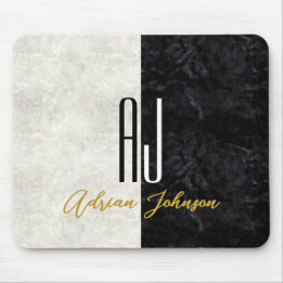 Marble Black and White Initials Monogrammed Mouse Pad