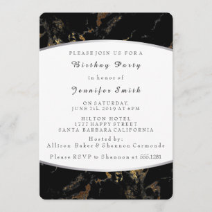 Marble Black Gold Birthday Party Silver Invitation
