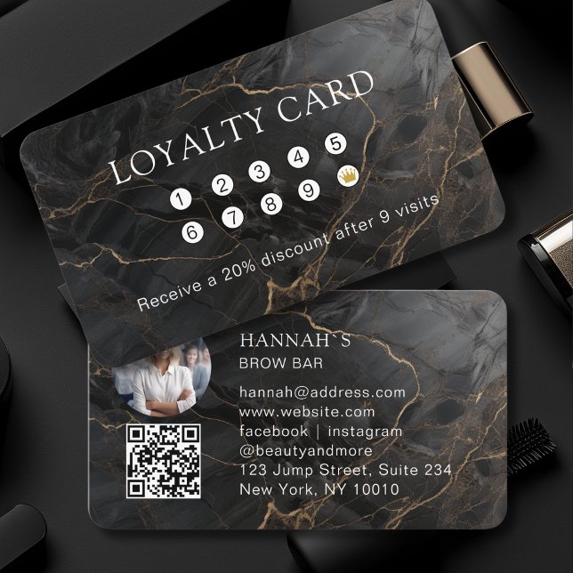 Marble, Black-Gold, Salon, Photo, QR Code Loyalty Business Card (Marble, Black-Gold, Salon, Photo, QR Code Loyalty Business Card)