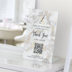 Marble Black Gold Scissor QR Code Pay Here Pedestal Sign