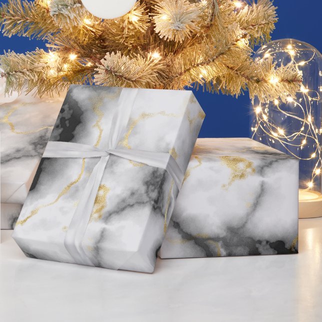 Marble black gold stone look elegant party wrapping paper (Holidays)