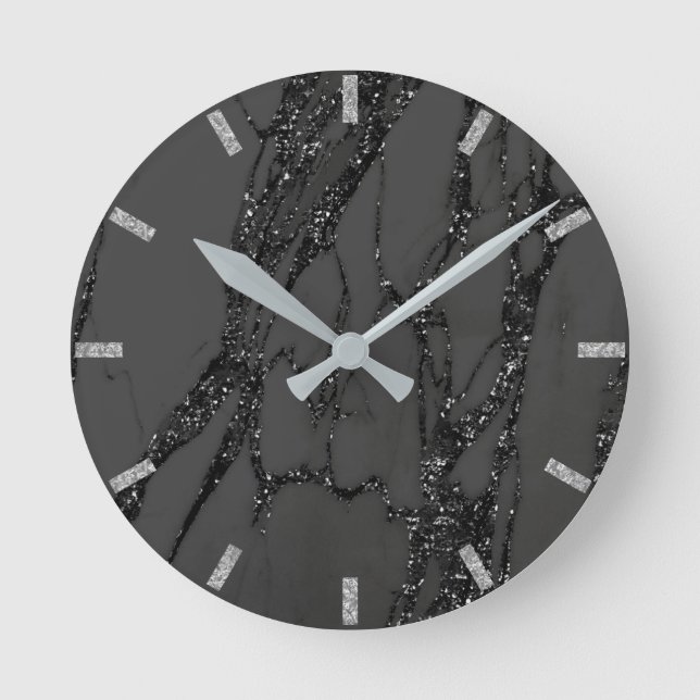 Marble Black Grey Glitter Metallic Abstract Granit Round Clock (Front)