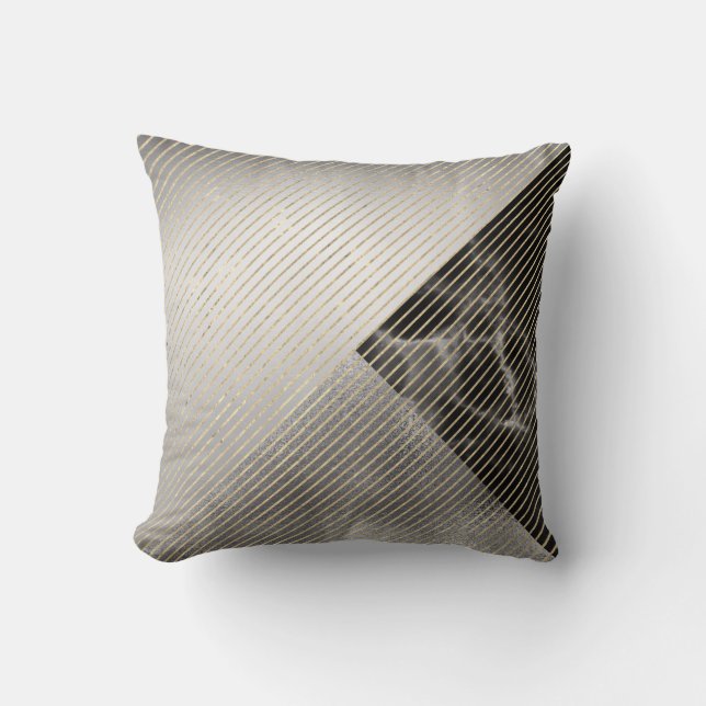 Marble Black Grey Silver Metallic Geometry Stripes Throw Pillow (Front)