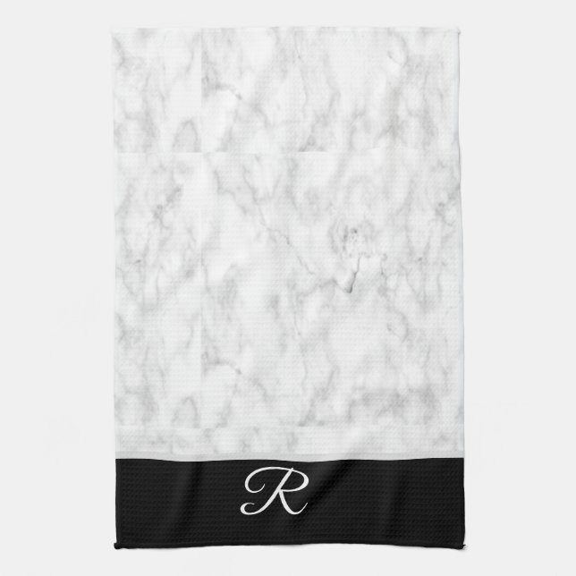 Marble Black White Style Monogram Personalised Kitchen Towel (Vertical)