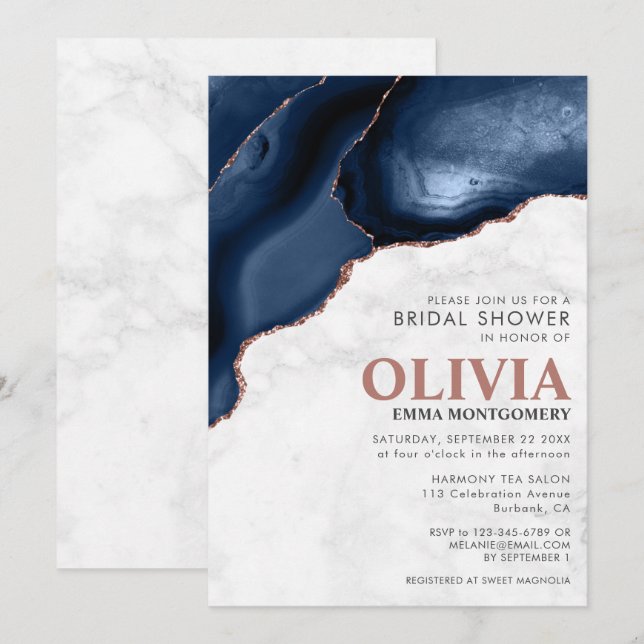 Marble Blue Agate Rose Gold Glitter Bridal Shower Invitation (Front/Back)