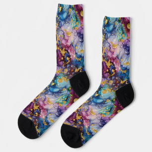 Marble Blue and Purple with Accent Gold Splatters Socks