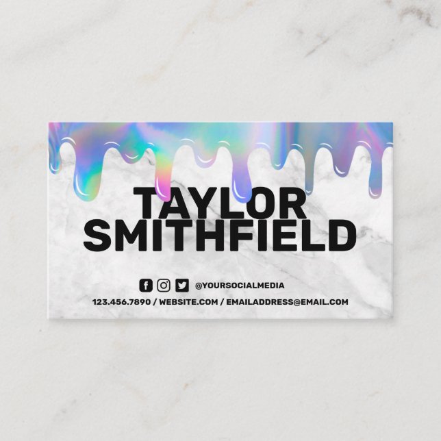 Marble Blue Holographic Drip Trendy Business Card (Front)